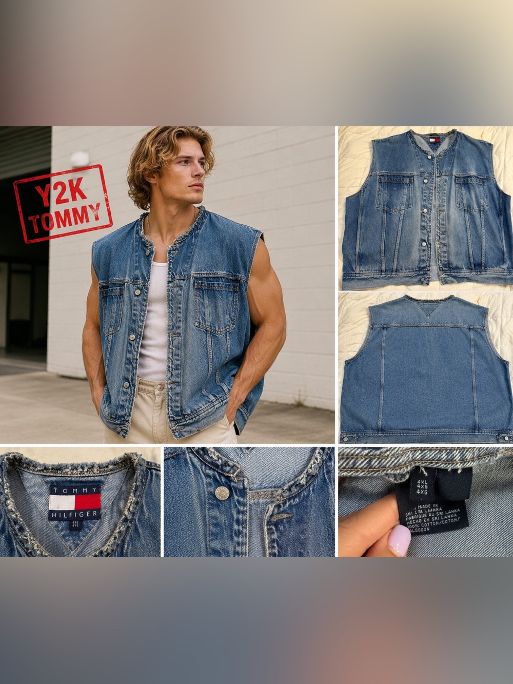 Y2K Tommy Hilfiger Oversized Vest 4XL Frayed Collar Vintage Blue Jean Trucker